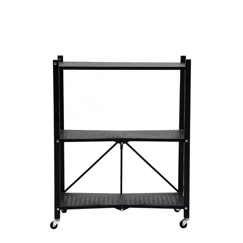 Foldable Storage Shelf with Wheels - Metal Collapsible Shelving Unit, Rolling Cart for Books & Kitchen