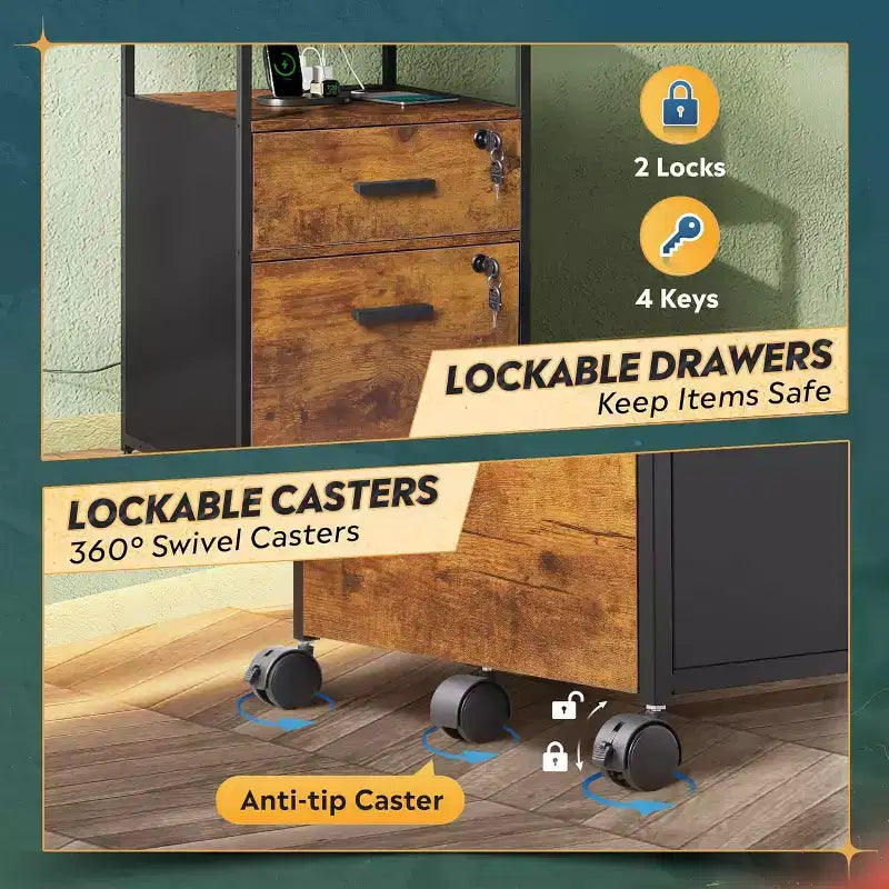 2-Drawer File Cabinet & Mobile Printer Stand with Open Storage Shelf, Fits A4 & Letter Size