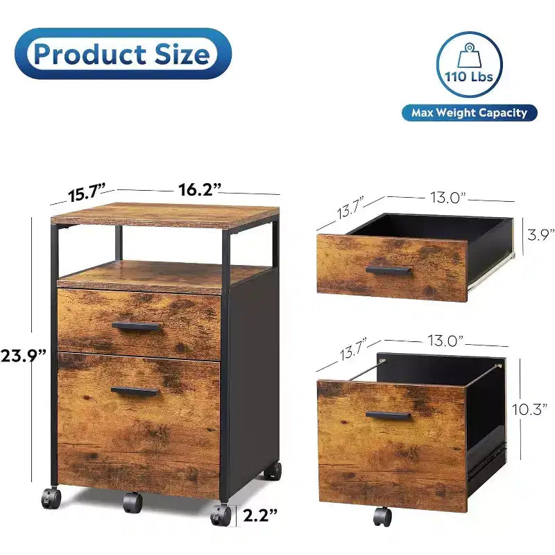 2-Drawer File Cabinet & Mobile Printer Stand with Open Storage Shelf, Fits A4 & Letter Size