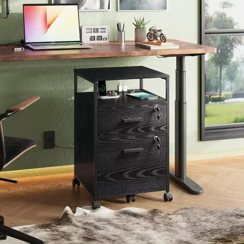 2-Drawer File Cabinet & Mobile Printer Stand with Open Storage Shelf, Fits A4 & Letter Size
