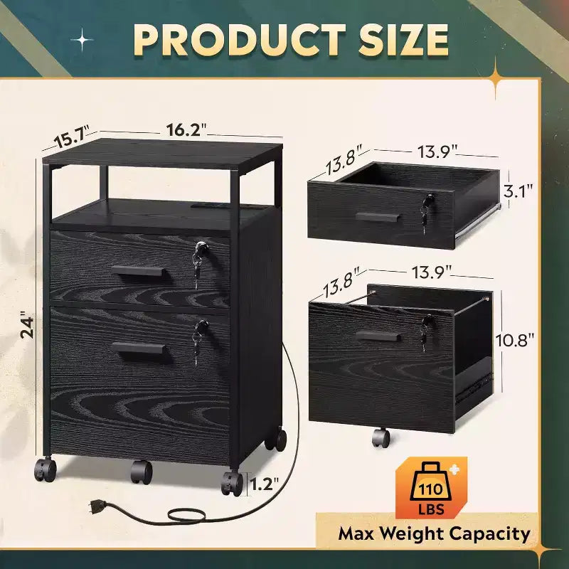 2-Drawer File Cabinet & Mobile Printer Stand with Open Storage Shelf, Fits A4 & Letter Size
