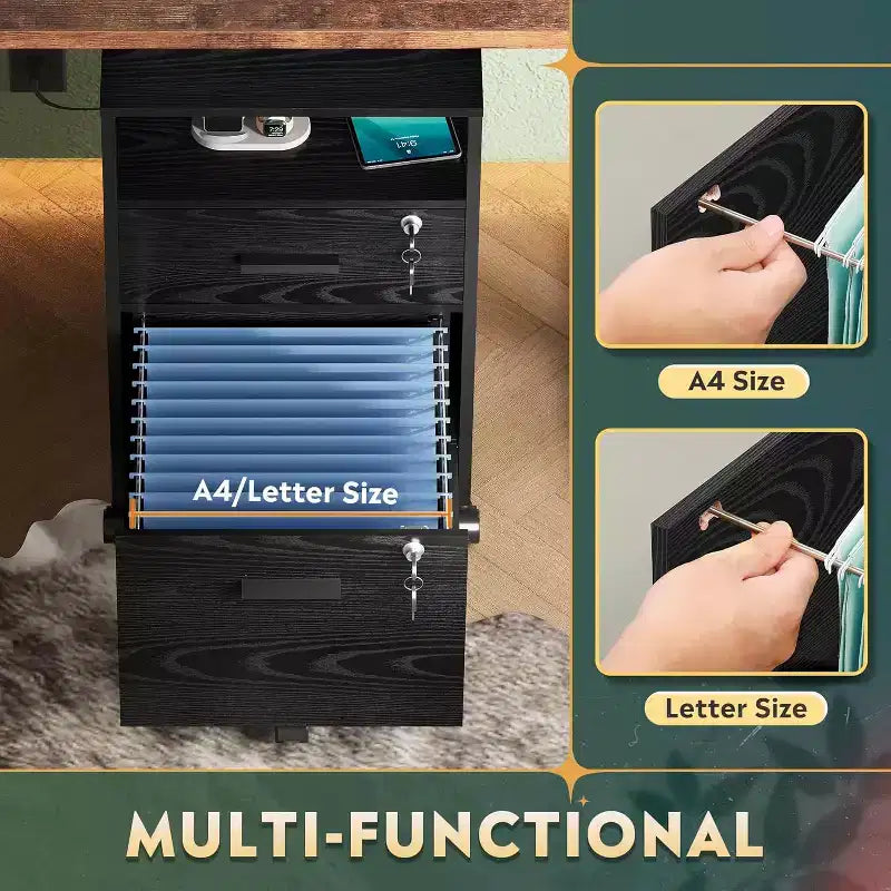 2-Drawer File Cabinet & Mobile Printer Stand with Open Storage Shelf, Fits A4 & Letter Size
