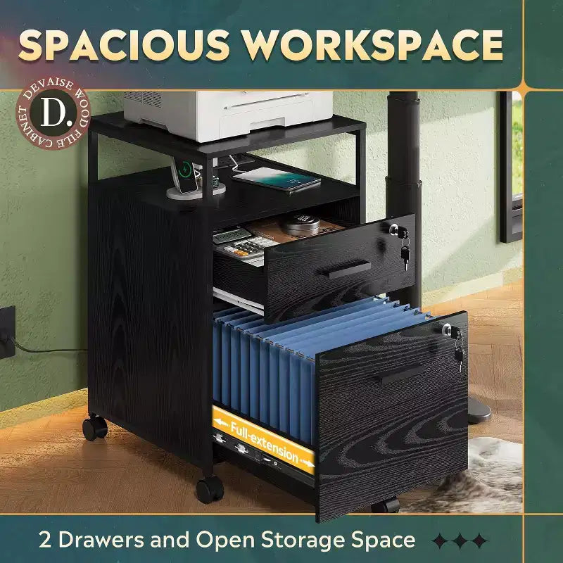 2-Drawer File Cabinet & Mobile Printer Stand with Open Storage Shelf, Fits A4 & Letter Size