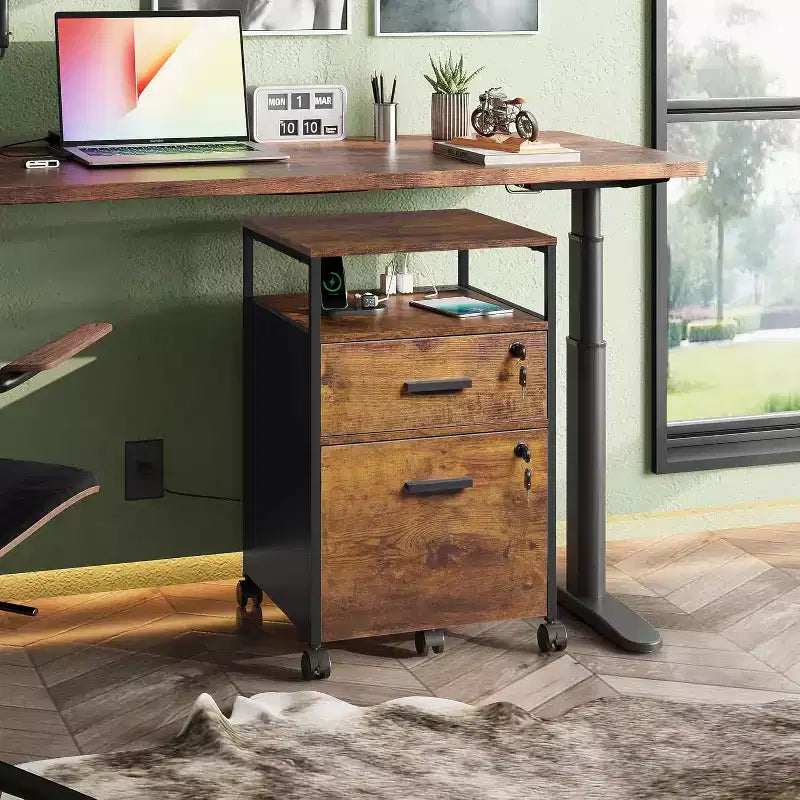 2-Drawer File Cabinet & Mobile Printer Stand with Open Storage Shelf, Fits A4 & Letter Size