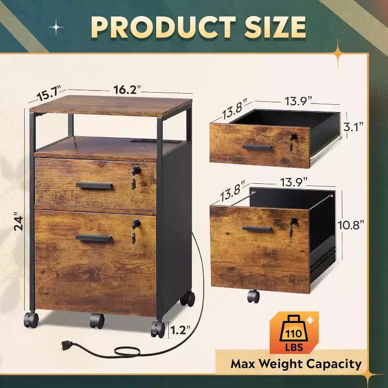 2-Drawer File Cabinet & Mobile Printer Stand with Open Storage Shelf, Fits A4 & Letter Size