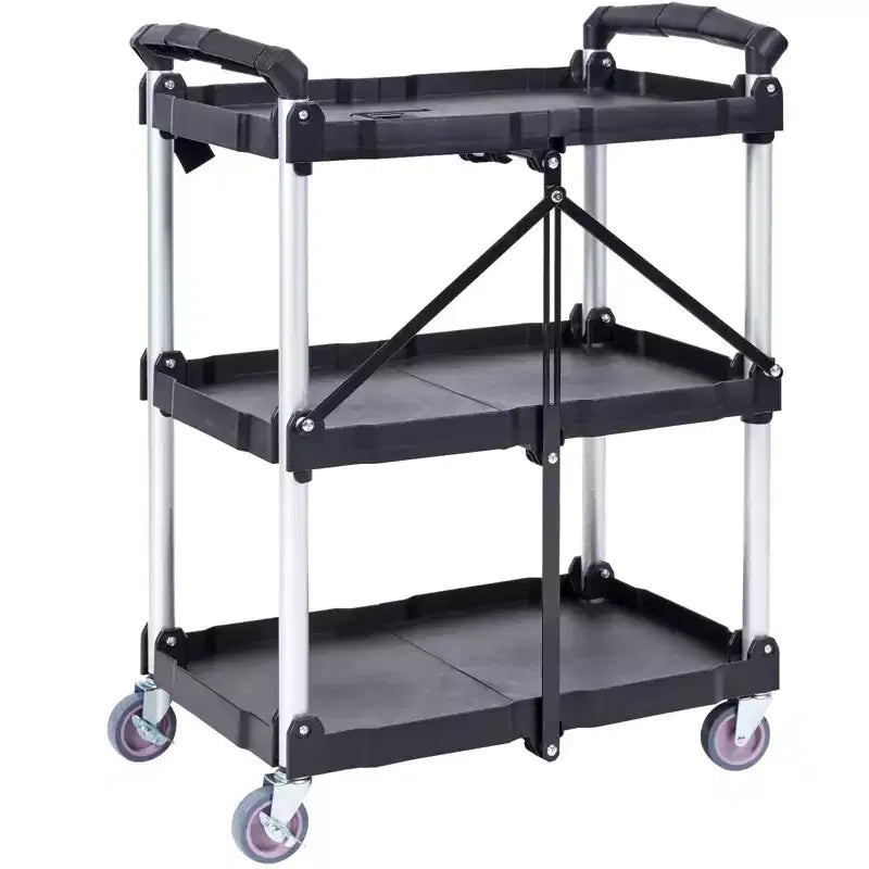 VEVOR Foldable Utility Service Cart, 3 Shelf 165LBS Heavy Duty Plastic Rolling Cart , Portable Garage Tool Cart for Warehouse/Office/Home
