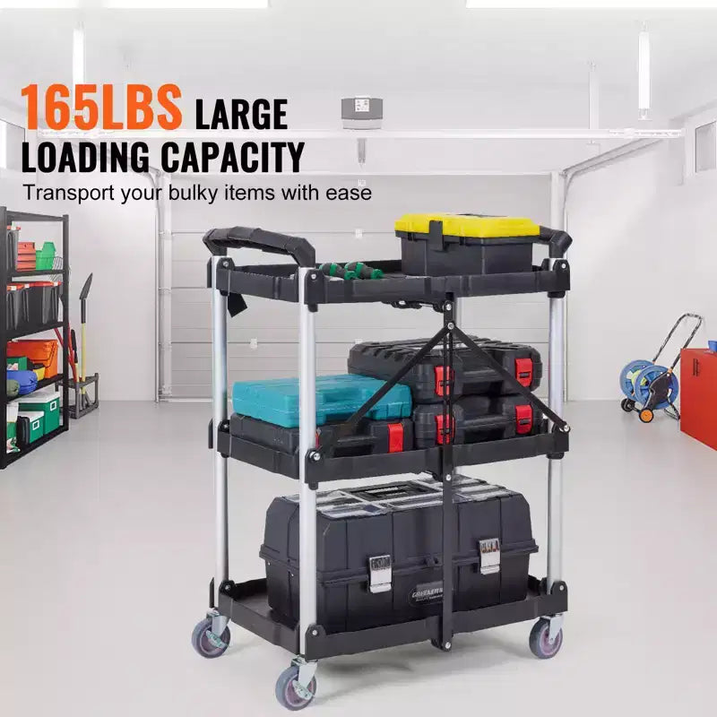 Foldable Utility Service Cart, 3 Shelf 165LBS Heavy Duty Rolling Cart, Portable Garage Tool Cart for Warehouse/Office/Home