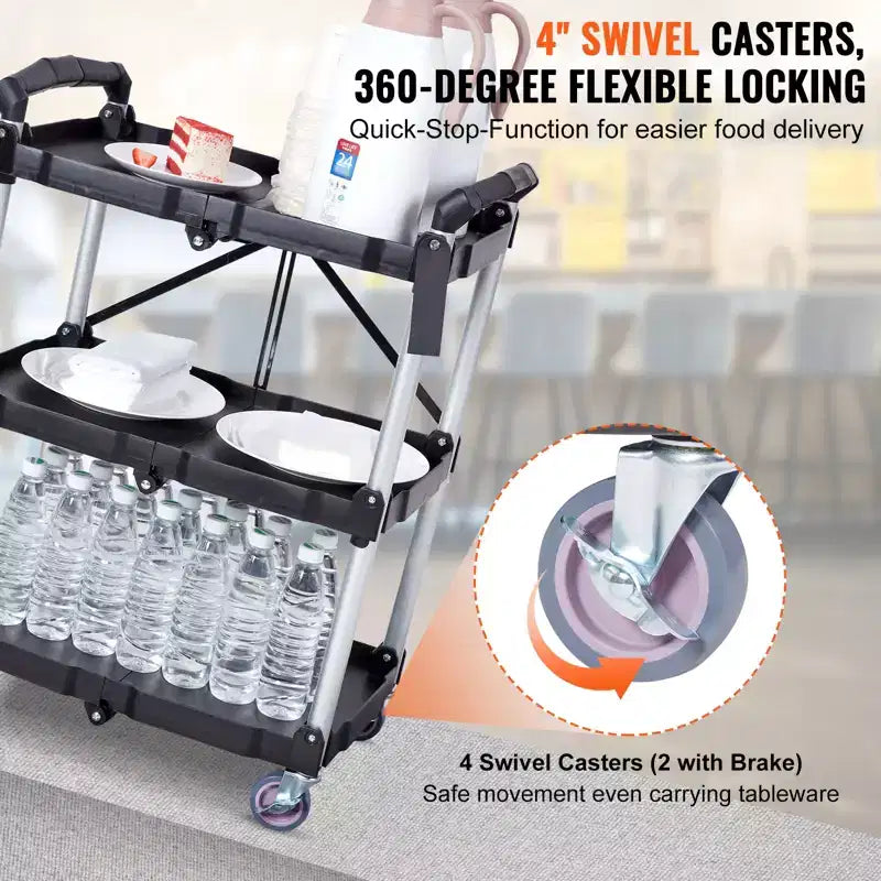 Foldable Utility Service Cart, 3 Shelf 165LBS Heavy Duty Rolling Cart, Portable Garage Tool Cart for Warehouse/Office/Home