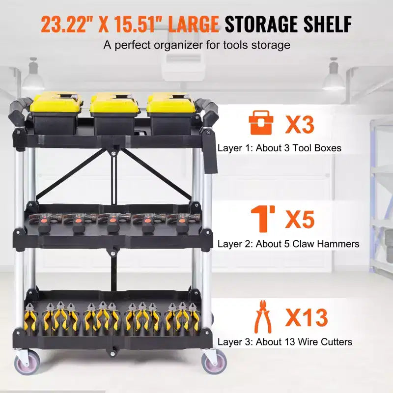 Foldable Utility Service Cart, 3 Shelf 165LBS Heavy Duty Rolling Cart, Portable Garage Tool Cart for Warehouse/Office/Home