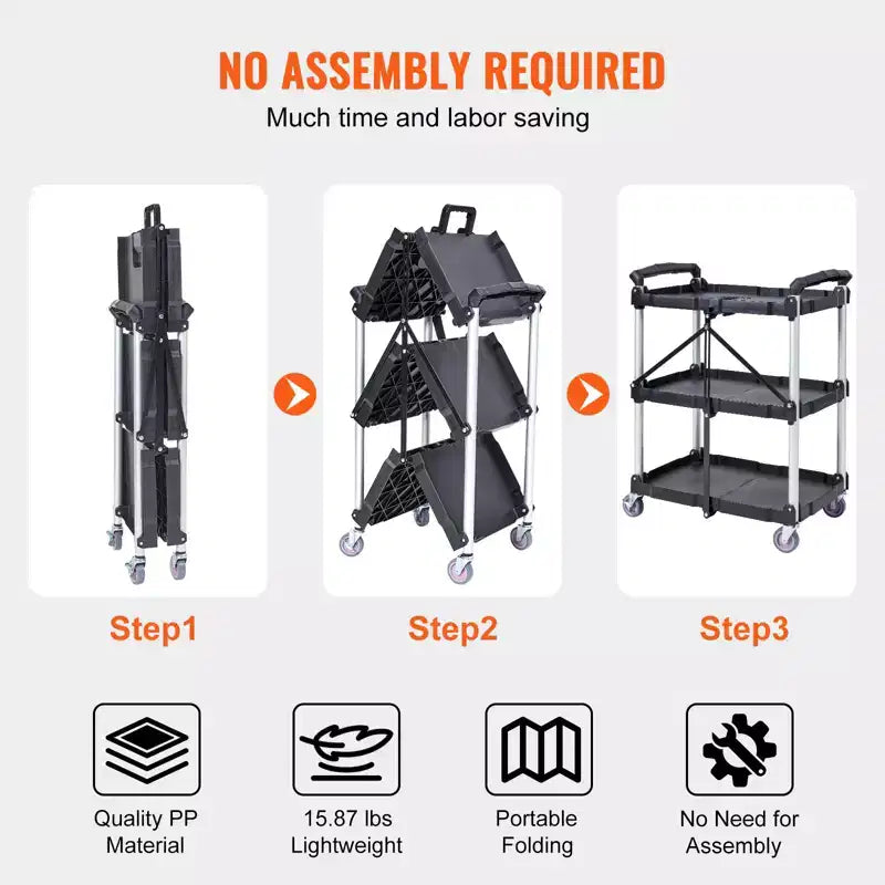Foldable Utility Service Cart, 3 Shelf 165LBS Heavy Duty Rolling Cart, Portable Garage Tool Cart for Warehouse/Office/Home