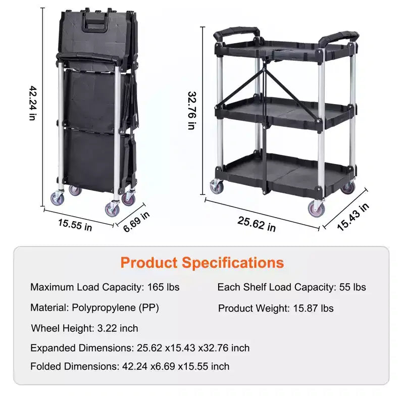 Foldable Utility Service Cart, 3 Shelf 165LBS Heavy Duty Rolling Cart, Portable Garage Tool Cart for Warehouse/Office/Home