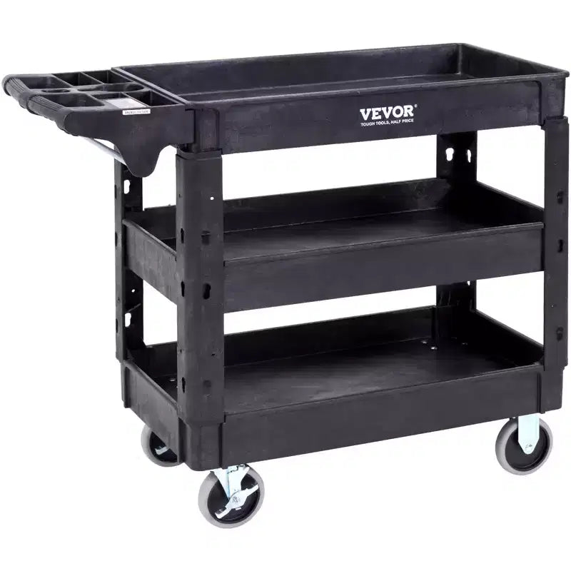 VEVOR Utility Service Cart, 3 Shelf 550LBS Heavy Duty Plastic Rolling Utility Cart with 360 Swivel Wheels (2 with Brakes)