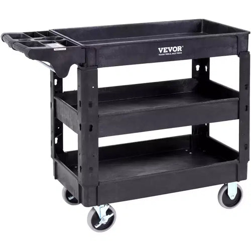 VEVOR Utility Service Cart, 3 Shelf 550LBS Heavy Duty Plastic Rolling Utility Cart with 360 Swivel Wheels (2 with Brakes)