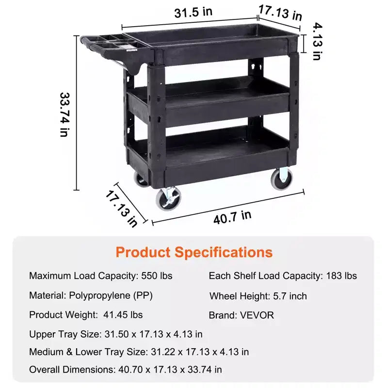 3-Shelf 550LBS Heavy Duty Rolling Utility Cart with 360° Swivel Wheels