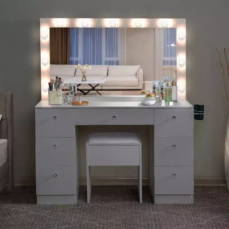 Vanity table with Mirrors, LED Lights, Makeup Table with 7 Drawers & Stool