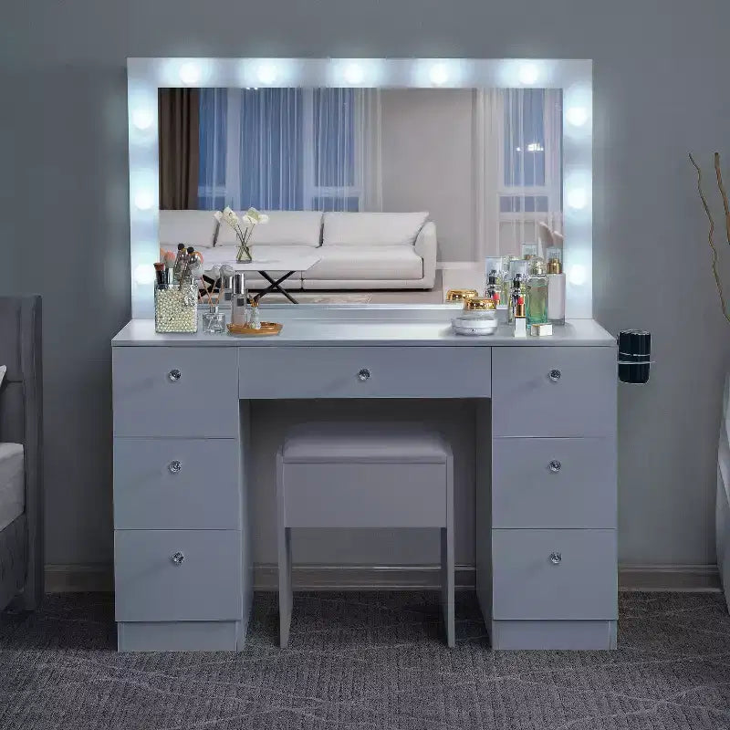 Vanity Table with Mirror, LED Lights, 7 Drawers & Stool