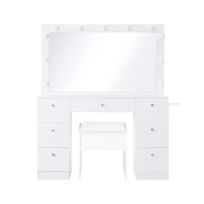 Vanity Table with Mirror, LED Lights, 7 Drawers & Stool