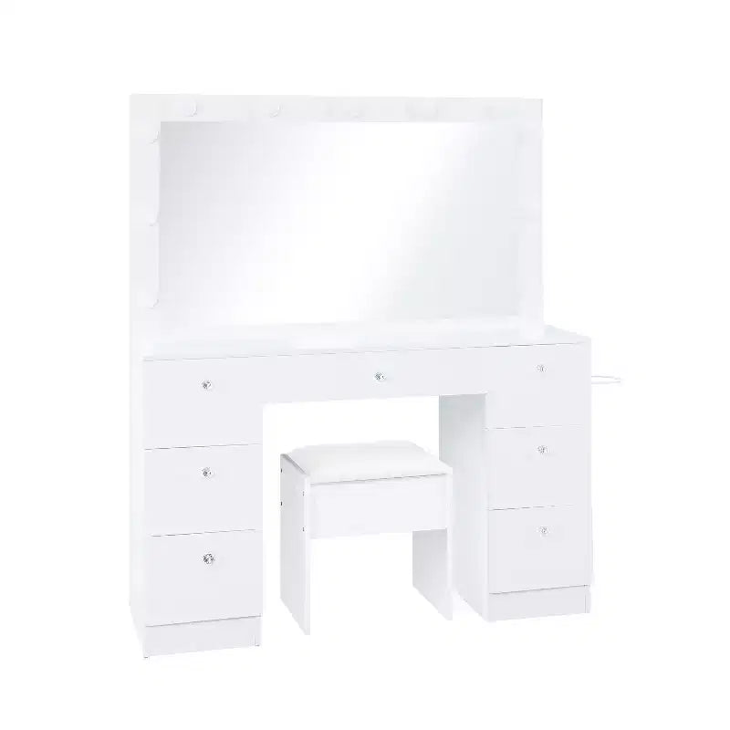 Vanity Table with Mirror, LED Lights, 7 Drawers & Stool