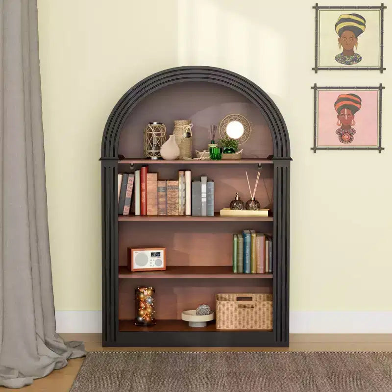 Bookshelf, 4-Tier 45.66 Wooden Arched Open Floor Bookcase, Large Storage Organizer for Library, Bedroom, Living Room, Black