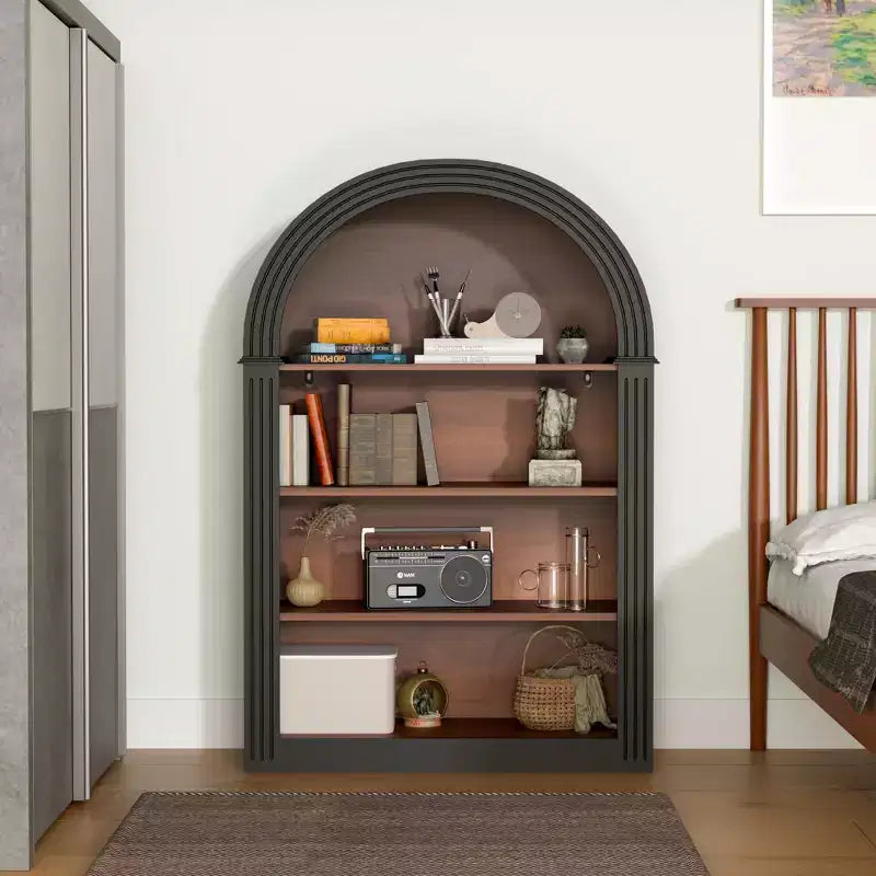 4-Tier Wooden Arched Open Floor Bookcase, Large Storage Organizer for Library, Bedroom, Living Room, Black