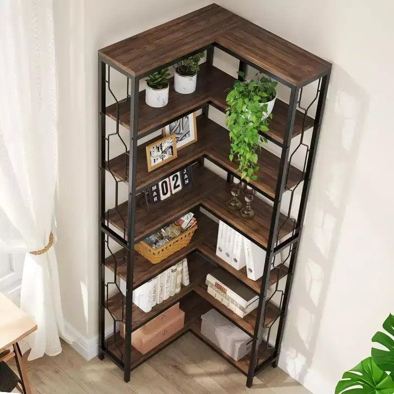 Lantine 78.7-Inch 7-Tier Corner Shelf, Tall Industrial Bookcase and Display Shelf with Storage for Living Room, Bedroom, Home Office, Brown
