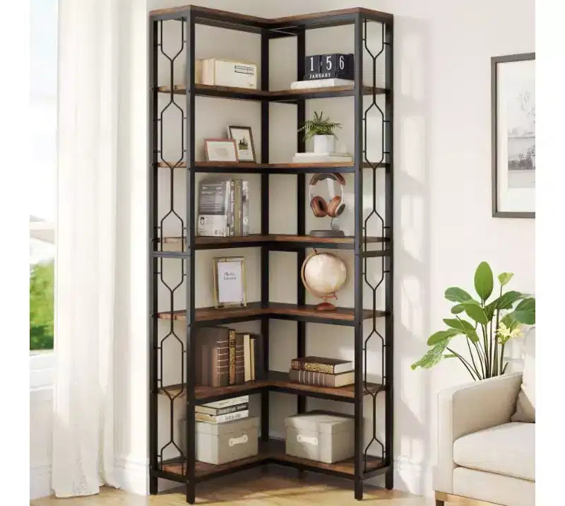 78.7-Inch 7-Tier Corner Shelf, Tall Industrial Bookcase with Storage for Living Room, Bedroom, Home Office, Brown