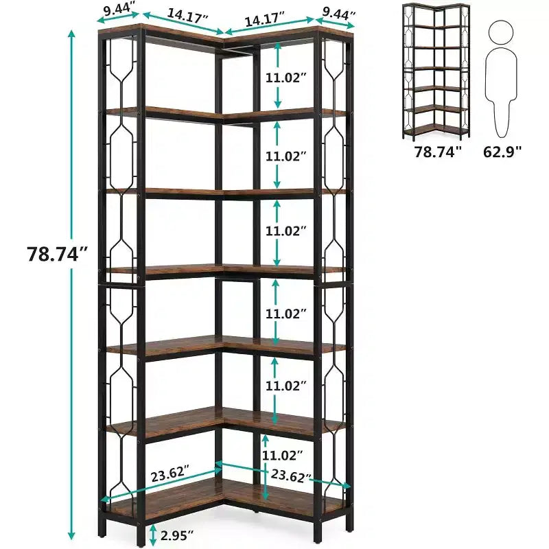 78.7-Inch 7-Tier Corner Shelf, Tall Industrial Bookcase with Storage for Living Room, Bedroom, Home Office, Brown