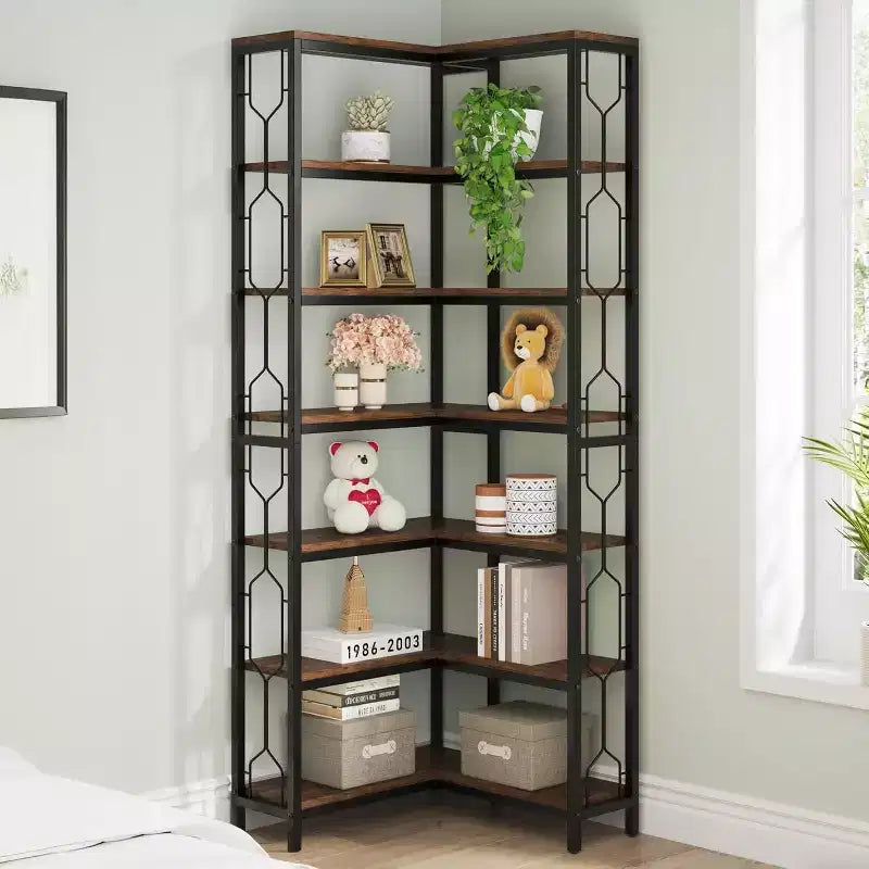 78.7-Inch 7-Tier Corner Shelf, Tall Industrial Bookcase with Storage for Living Room, Bedroom, Home Office, Brown