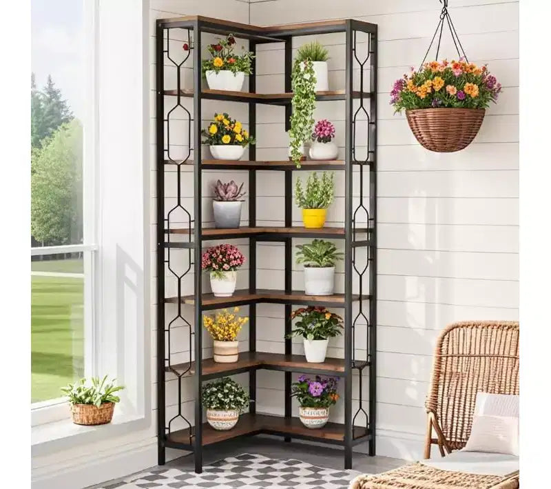 78.7-Inch 7-Tier Corner Shelf, Tall Industrial Bookcase with Storage for Living Room, Bedroom, Home Office, Brown