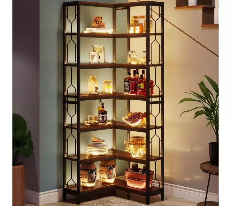 78.7-Inch 7-Tier Corner Shelf, Tall Industrial Bookcase with Storage for Living Room, Bedroom, Home Office, Brown