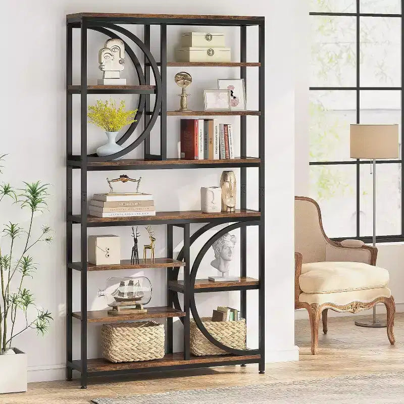 77-Inch Industrial 8-Tier Etagere Bookcase with Metal Frame, Tall Open Display Shelves for Home Office, Brown/Black