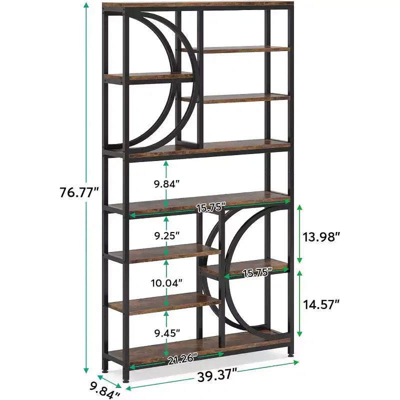 77-Inch Industrial 8-Tier Etagere Bookcase with Metal Frame, Tall Open Display Shelves for Home Office, Brown/Black