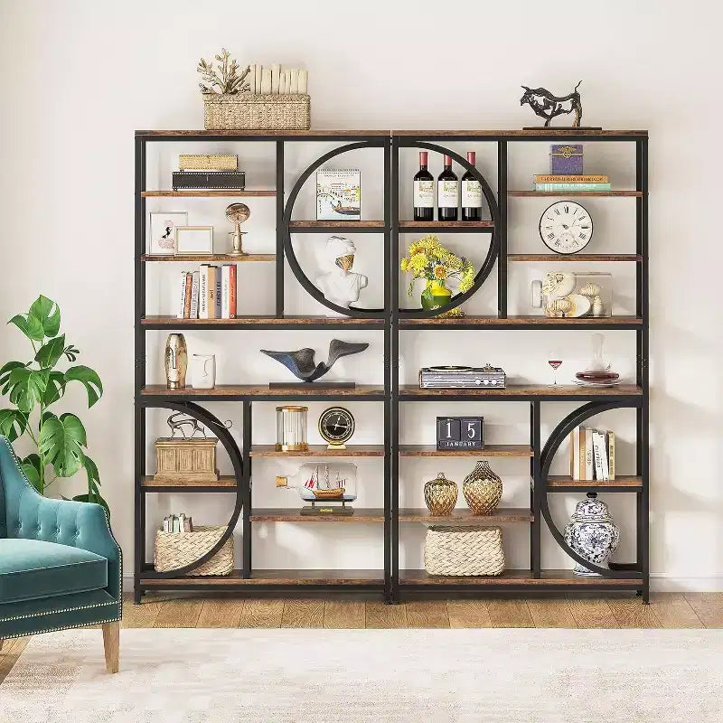 77-Inch Industrial 8-Tier Etagere Bookcase with Metal Frame, Tall Open Display Shelves for Home Office, Brown/Black