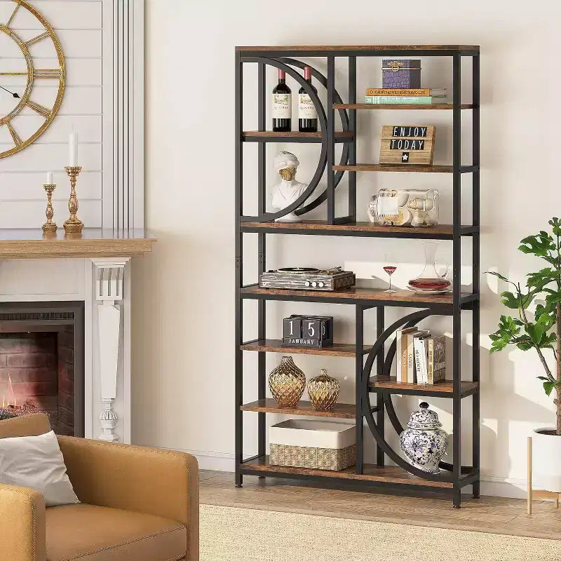 77-Inch Industrial 8-Tier Etagere Bookcase with Metal Frame, Tall Open Display Shelves for Home Office, Brown/Black