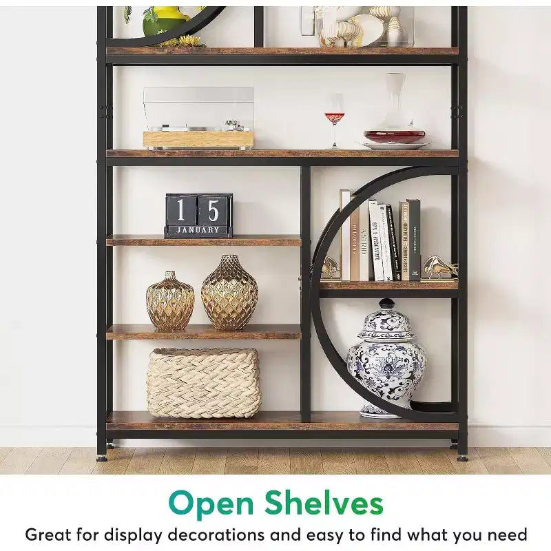77-Inch Industrial 8-Tier Etagere Bookcase with Metal Frame, Tall Open Display Shelves for Home Office, Brown/Black