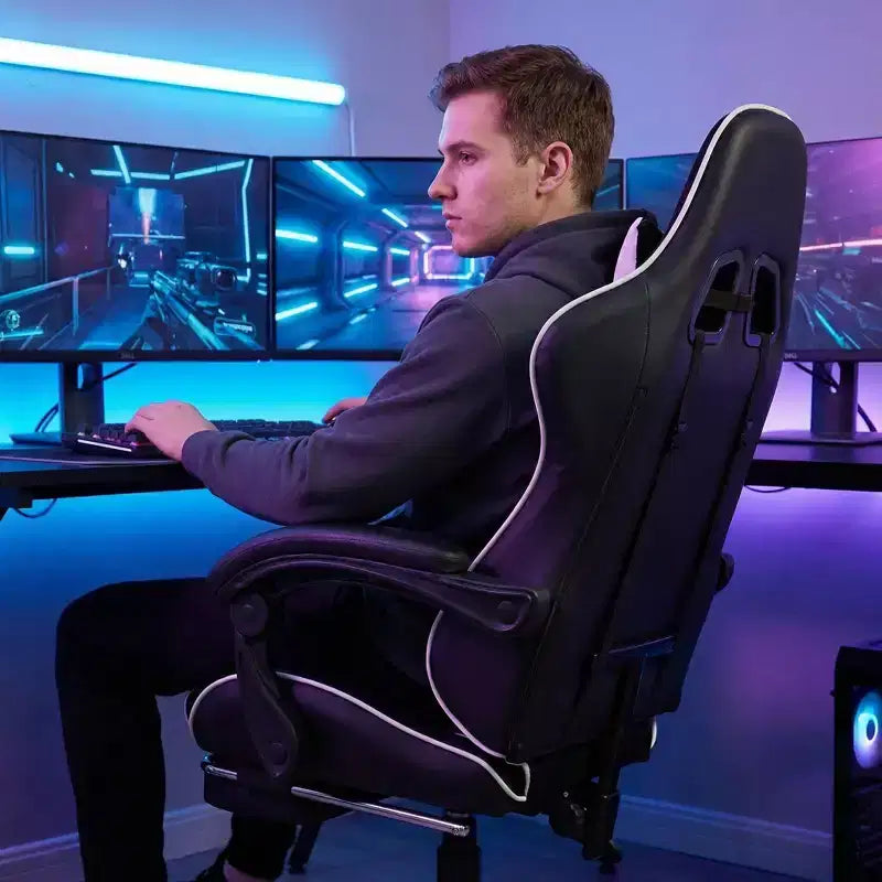 Racing Style Gaming Chair, Ergonomic E-sports Chair with Massage, PU Leather, High-Density Molded Foam, Comfortable & Safe, White