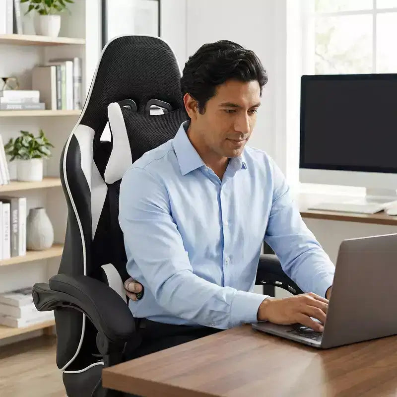 Racing Style Gaming Chair, Ergonomic E-sports Chair with Massage, PU Leather, High-Density Molded Foam, Comfortable & Safe, White
