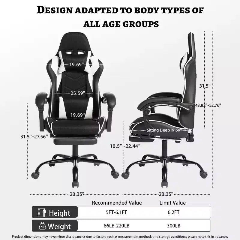 Racing Style Gaming Chair, Ergonomic E-sports Chair with Massage, PU Leather, High-Density Molded Foam, Comfortable & Safe, White