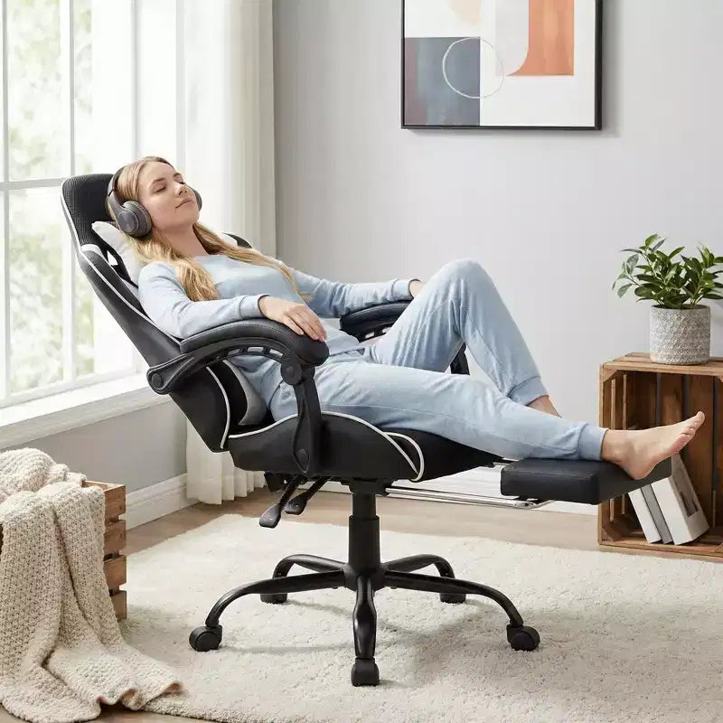 Racing Style Gaming Chair, Ergonomic E-sports Chair with Massage, PU Leather, High-Density Molded Foam, Comfortable & Safe, White