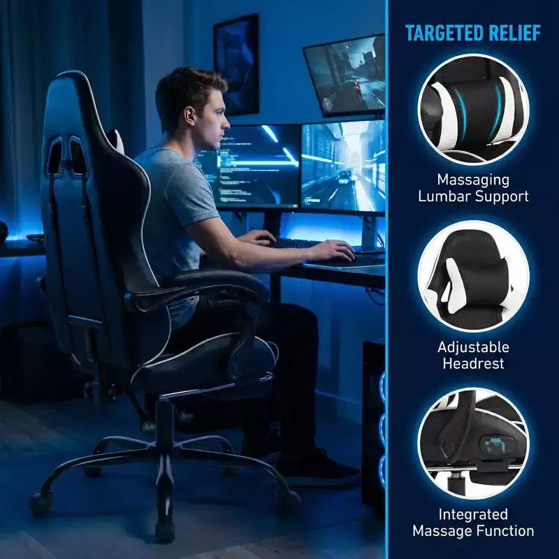 Racing Style Gaming Chair, Ergonomic E-sports Chair with Massage, PU Leather, High-Density Molded Foam, Comfortable & Safe, White