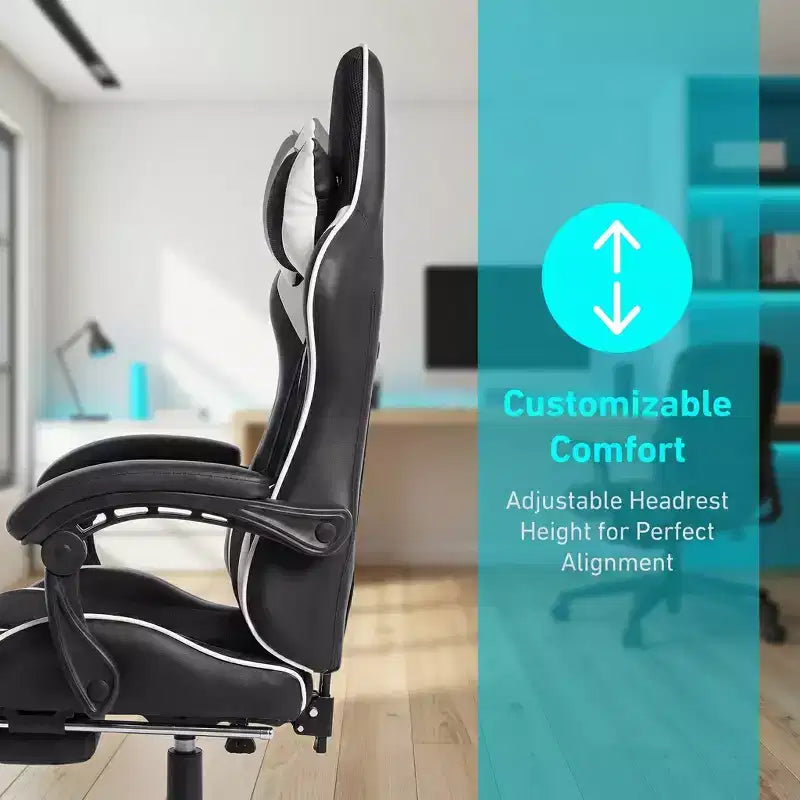 Racing Style Gaming Chair, Ergonomic E-sports Chair with Massage, PU Leather, High-Density Molded Foam, Comfortable & Safe, White