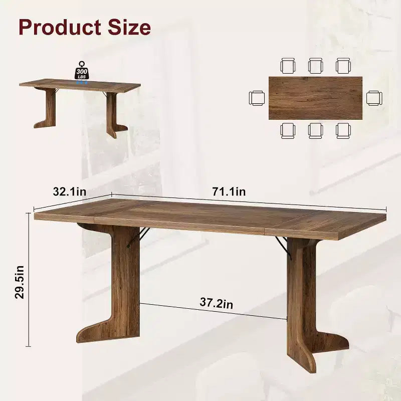 71-Inch Rectangle Dining Table for 6 to 8 People, Farmhouse Wood Dining Table with Sturdy Legs