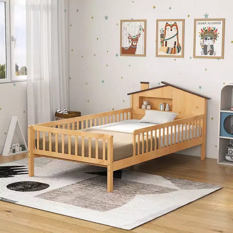 MAYEERTY Twin Size Kids Solid Wood Bed with Storage, House Headboard and Safety Guardrails