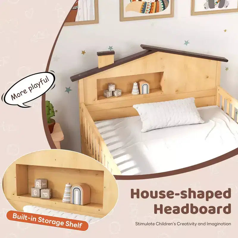 Twin Size Kids Solid Wood Bed with Storage, House Headboard and Safety Guardrails