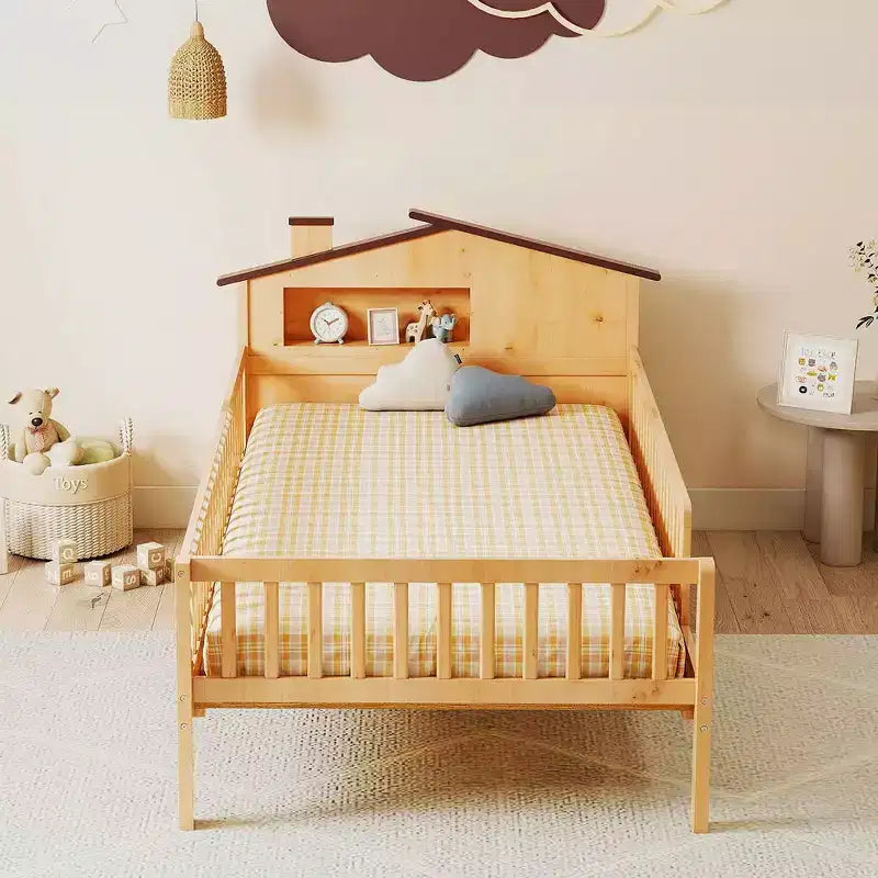 Twin Size Kids Solid Wood Bed with Storage, House Headboard and Safety Guardrails