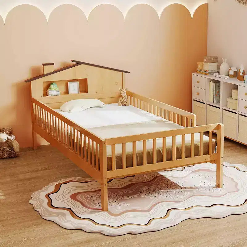 Twin Size Kids Solid Wood Bed with Storage, House Headboard and Safety Guardrails