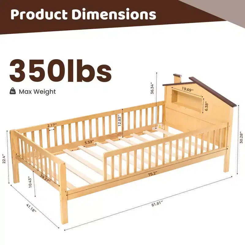 Twin Size Kids Solid Wood Bed with Storage, House Headboard and Safety Guardrails