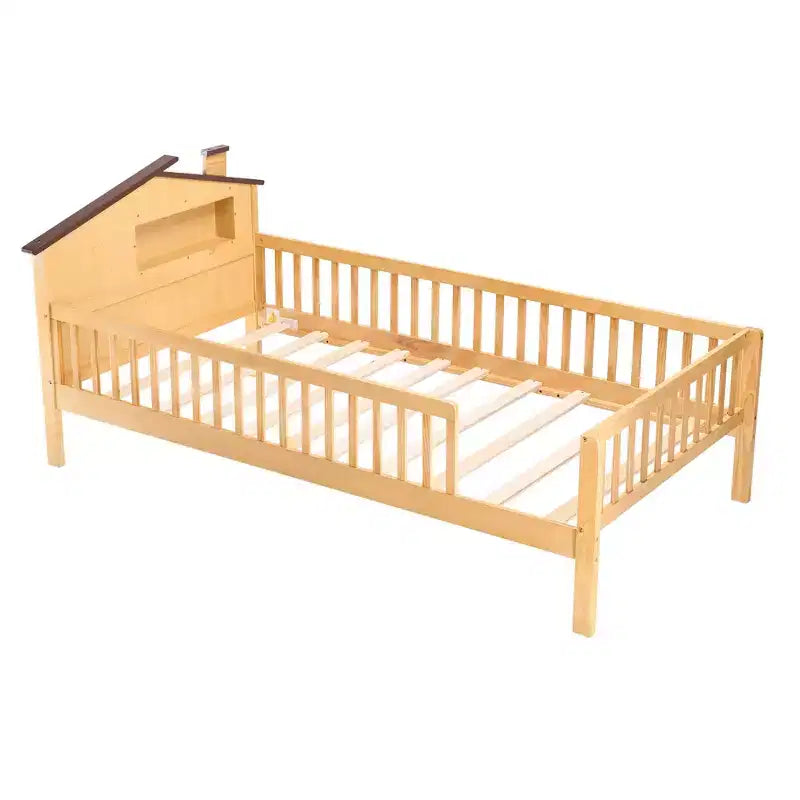 Twin Size Kids Solid Wood Bed with Storage, House Headboard and Safety Guardrails