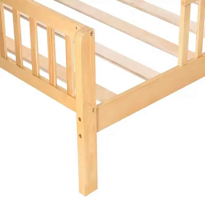 Twin Size Kids Solid Wood Bed with Storage, House Headboard and Safety Guardrails