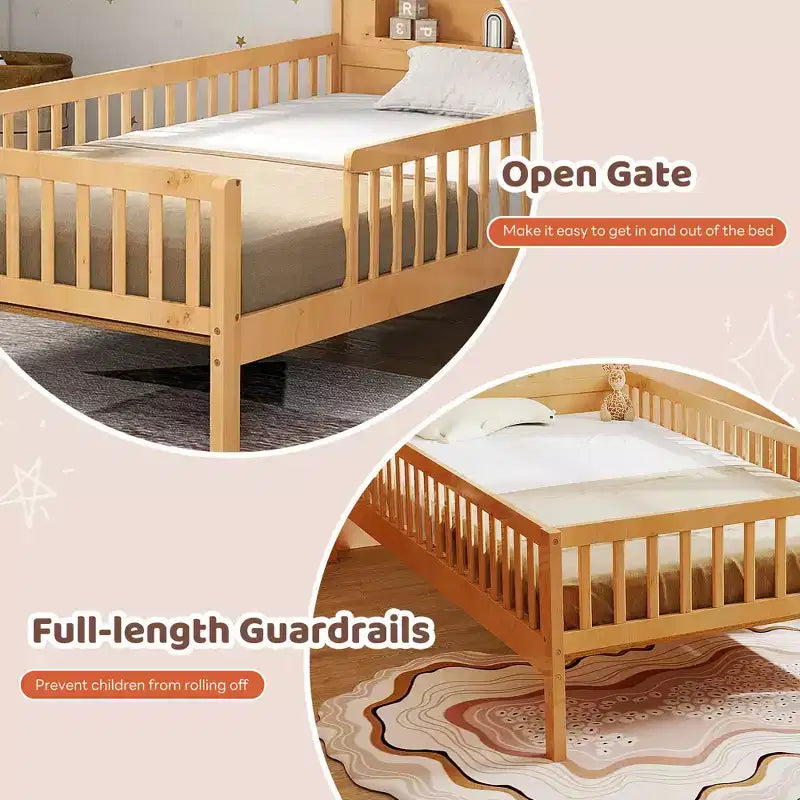 Twin Size Kids Solid Wood Bed with Storage, House Headboard and Safety Guardrails